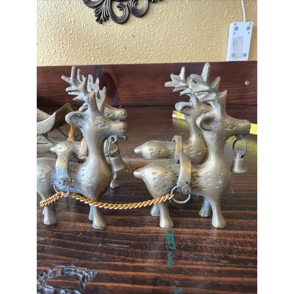 Vintage Brass Reindeer and Sleigh Christmas Centerpiece  Holiday Decor